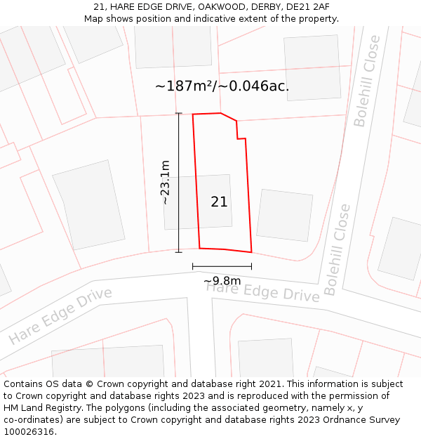 21, HARE EDGE DRIVE, OAKWOOD, DERBY, DE21 2AF: Plot and title map