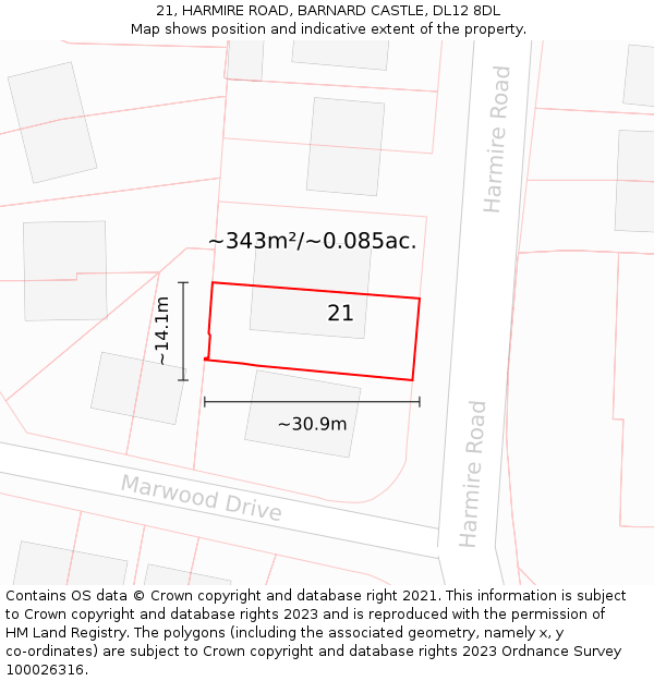 21, HARMIRE ROAD, BARNARD CASTLE, DL12 8DL: Plot and title map