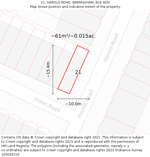 21, HAROLD ROAD, BIRMINGHAM, B16 9DN: Plot and title map