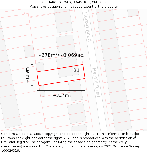 21, HAROLD ROAD, BRAINTREE, CM7 2RU: Plot and title map