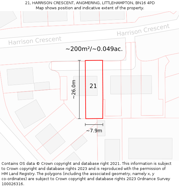 21, HARRISON CRESCENT, ANGMERING, LITTLEHAMPTON, BN16 4PD: Plot and title map