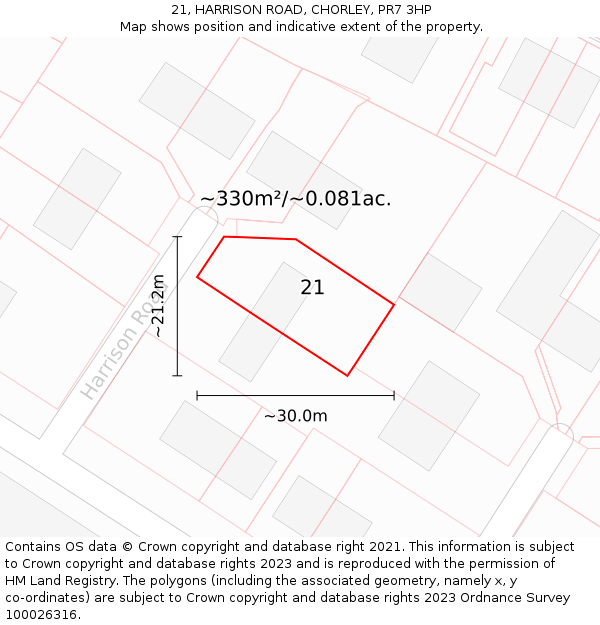 21, HARRISON ROAD, CHORLEY, PR7 3HP: Plot and title map