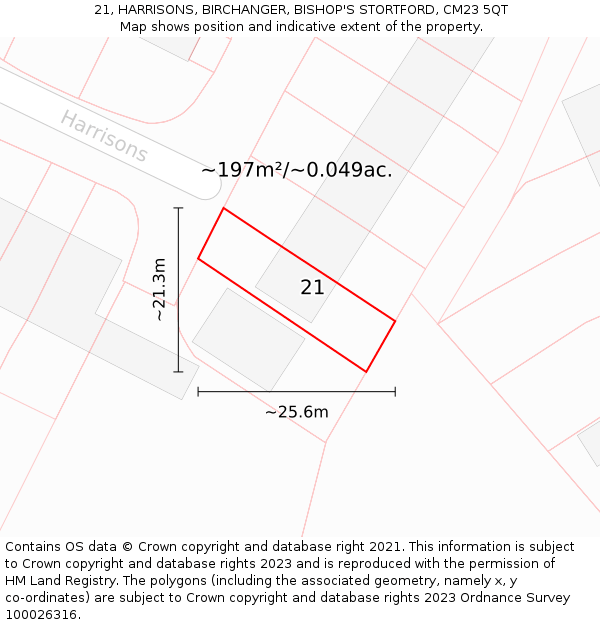 21, HARRISONS, BIRCHANGER, BISHOP'S STORTFORD, CM23 5QT: Plot and title map