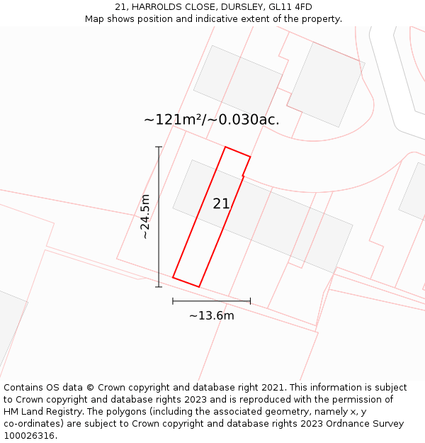 21, HARROLDS CLOSE, DURSLEY, GL11 4FD: Plot and title map
