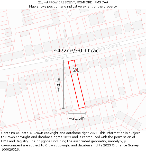 21, HARROW CRESCENT, ROMFORD, RM3 7AA: Plot and title map