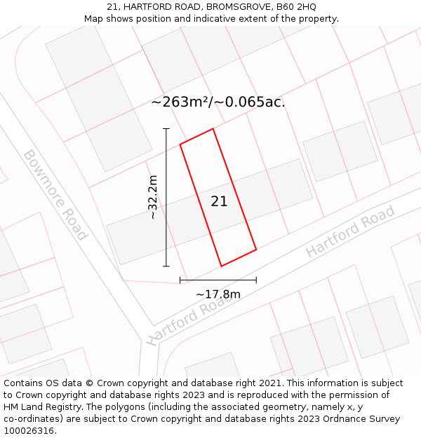 21, HARTFORD ROAD, BROMSGROVE, B60 2HQ: Plot and title map