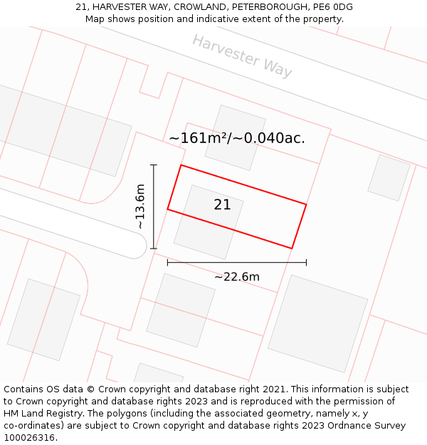 21, HARVESTER WAY, CROWLAND, PETERBOROUGH, PE6 0DG: Plot and title map