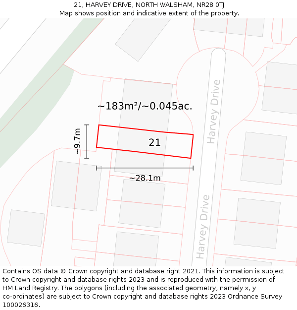 21, HARVEY DRIVE, NORTH WALSHAM, NR28 0TJ: Plot and title map