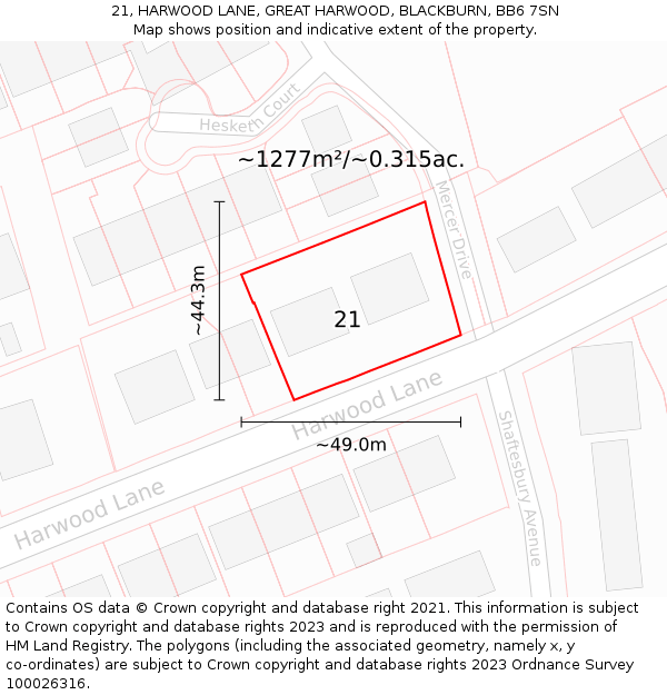 21, HARWOOD LANE, GREAT HARWOOD, BLACKBURN, BB6 7SN: Plot and title map