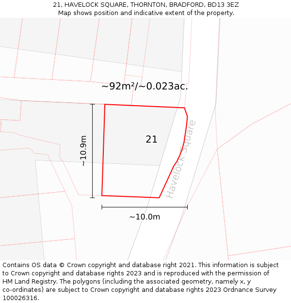 21, HAVELOCK SQUARE, THORNTON, BRADFORD, BD13 3EZ: Plot and title map