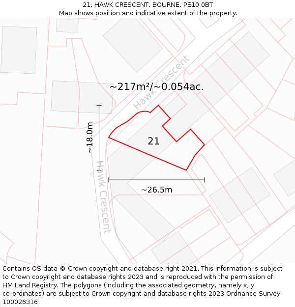 21, HAWK CRESCENT, BOURNE, PE10 0BT: Plot and title map