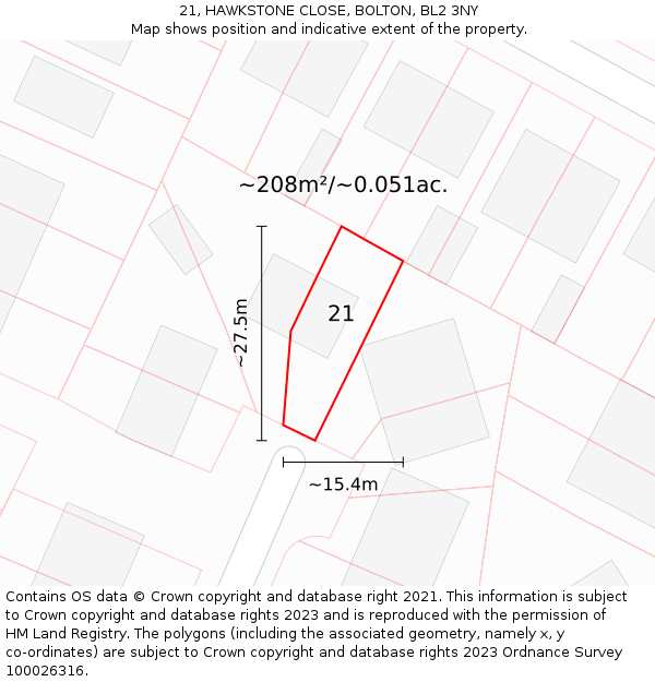 21, HAWKSTONE CLOSE, BOLTON, BL2 3NY: Plot and title map