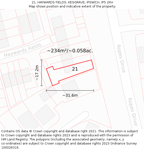21, HAYWARDS FIELDS, KESGRAVE, IPSWICH, IP5 2XH: Plot and title map
