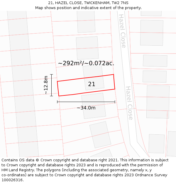 21, HAZEL CLOSE, TWICKENHAM, TW2 7NS: Plot and title map