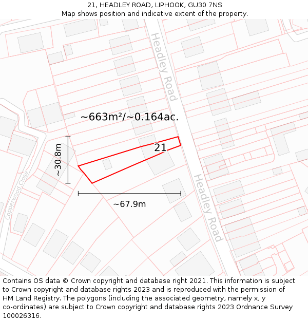21, HEADLEY ROAD, LIPHOOK, GU30 7NS: Plot and title map