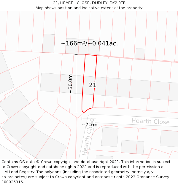 21, HEARTH CLOSE, DUDLEY, DY2 0ER: Plot and title map