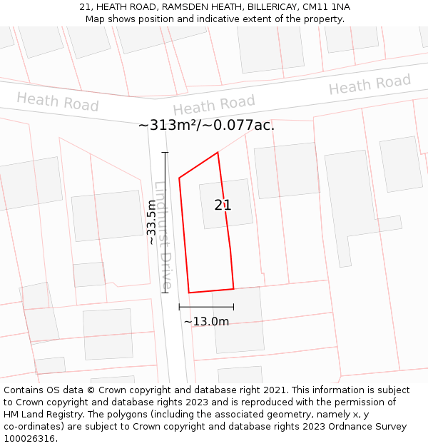 21, HEATH ROAD, RAMSDEN HEATH, BILLERICAY, CM11 1NA: Plot and title map