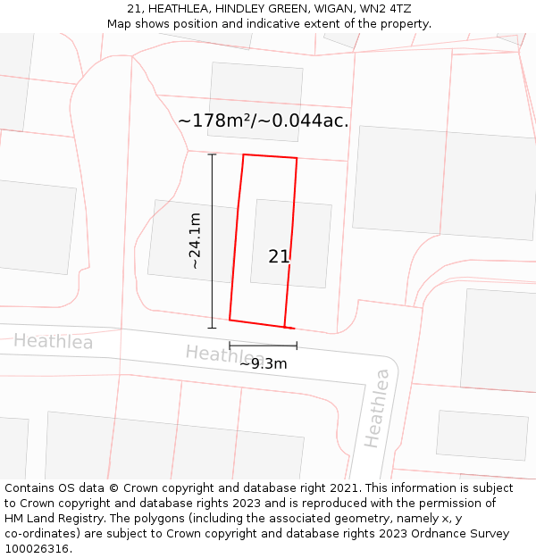 21, HEATHLEA, HINDLEY GREEN, WIGAN, WN2 4TZ: Plot and title map