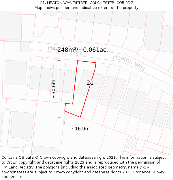 21, HEATON WAY, TIPTREE, COLCHESTER, CO5 0DZ: Plot and title map