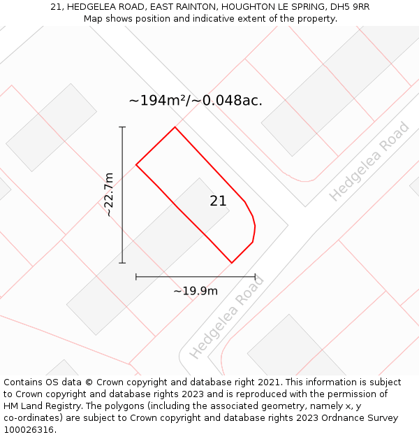 21, HEDGELEA ROAD, EAST RAINTON, HOUGHTON LE SPRING, DH5 9RR: Plot and title map