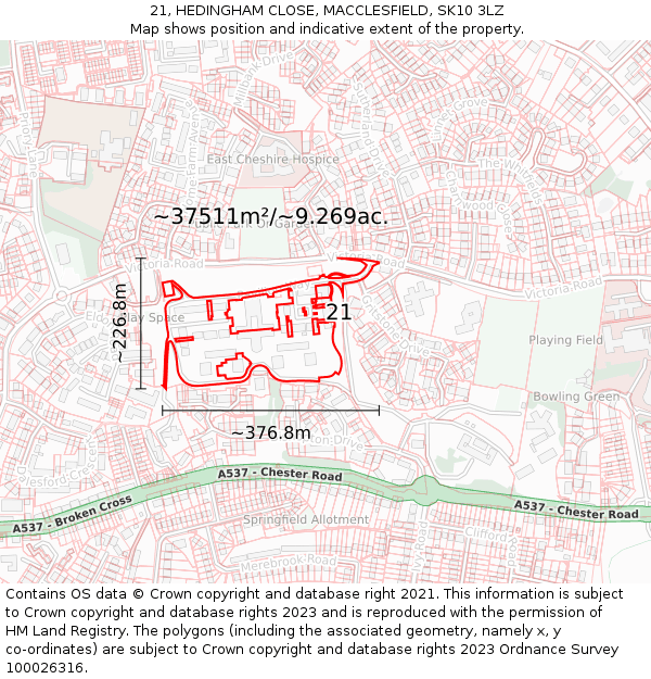 21, HEDINGHAM CLOSE, MACCLESFIELD, SK10 3LZ: Plot and title map