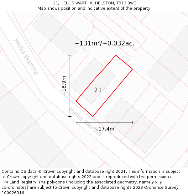 21, HELLIS WARTHA, HELSTON, TR13 8WE: Plot and title map