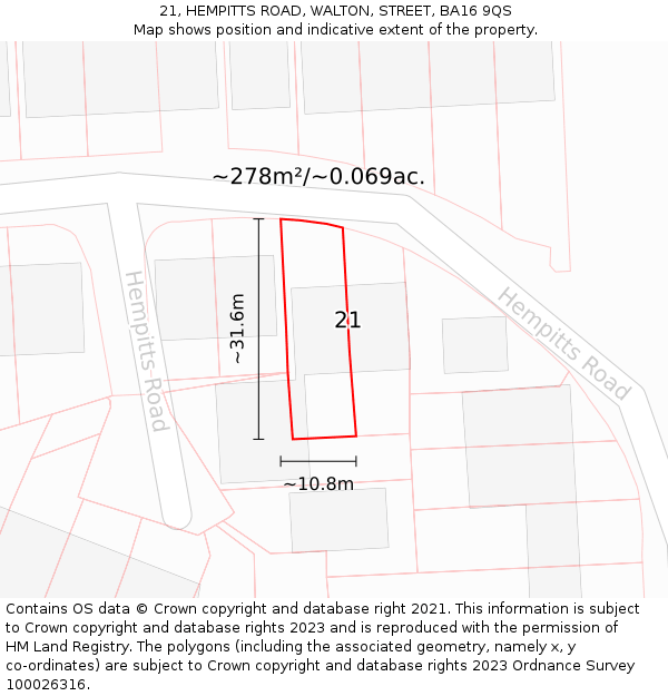 21, HEMPITTS ROAD, WALTON, STREET, BA16 9QS: Plot and title map