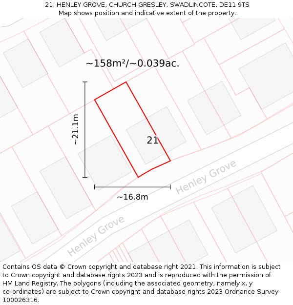 21, HENLEY GROVE, CHURCH GRESLEY, SWADLINCOTE, DE11 9TS: Plot and title map