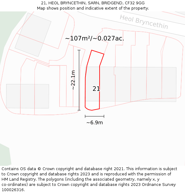 21, HEOL BRYNCETHIN, SARN, BRIDGEND, CF32 9GG: Plot and title map