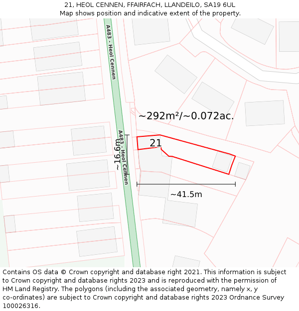21, HEOL CENNEN, FFAIRFACH, LLANDEILO, SA19 6UL: Plot and title map