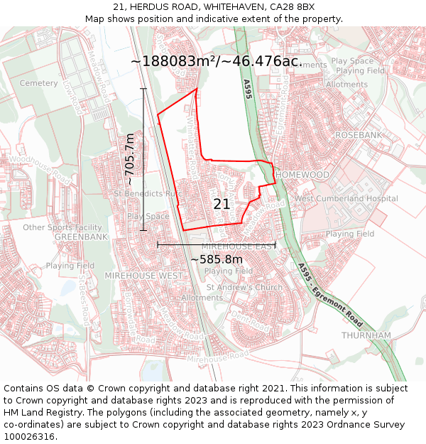 21, HERDUS ROAD, WHITEHAVEN, CA28 8BX: Plot and title map