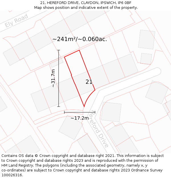 21, HEREFORD DRIVE, CLAYDON, IPSWICH, IP6 0BF: Plot and title map