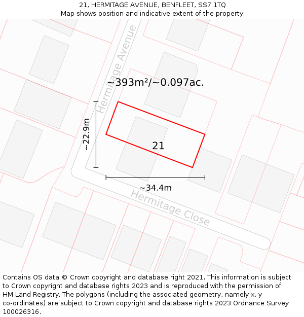 21, HERMITAGE AVENUE, BENFLEET, SS7 1TQ: Plot and title map