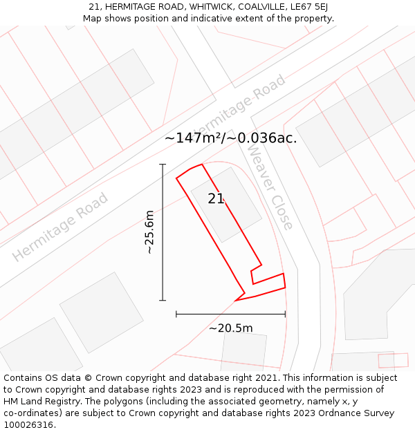 21, HERMITAGE ROAD, WHITWICK, COALVILLE, LE67 5EJ: Plot and title map