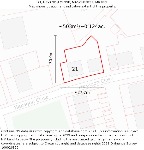 21, HEXAGON CLOSE, MANCHESTER, M9 8RN: Plot and title map
