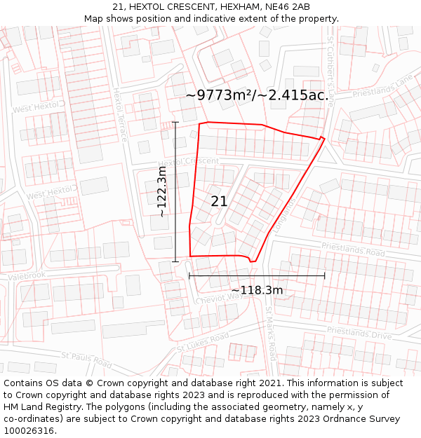 21, HEXTOL CRESCENT, HEXHAM, NE46 2AB: Plot and title map