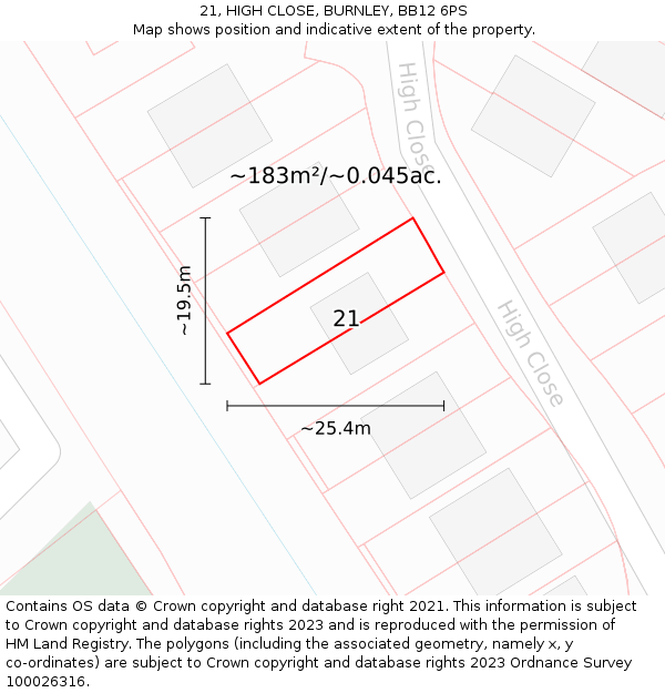 21, HIGH CLOSE, BURNLEY, BB12 6PS: Plot and title map