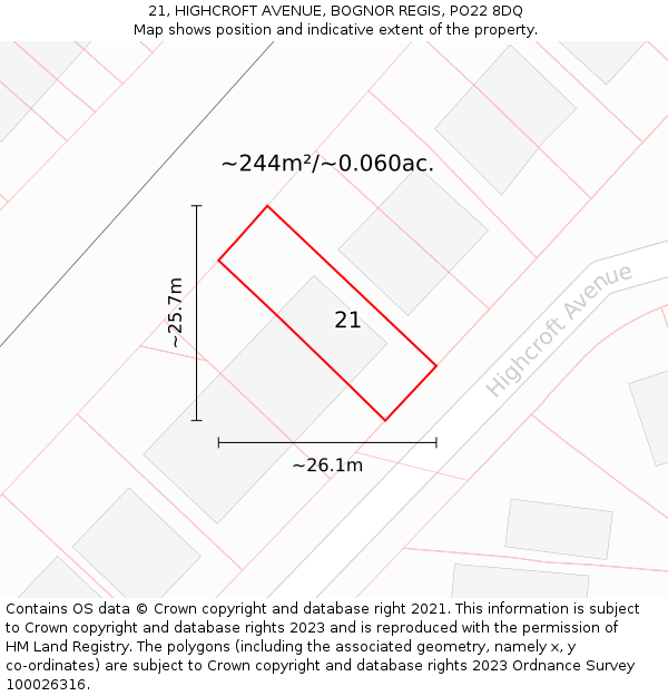 21, HIGHCROFT AVENUE, BOGNOR REGIS, PO22 8DQ: Plot and title map