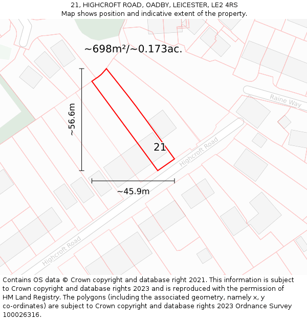 21, HIGHCROFT ROAD, OADBY, LEICESTER, LE2 4RS: Plot and title map
