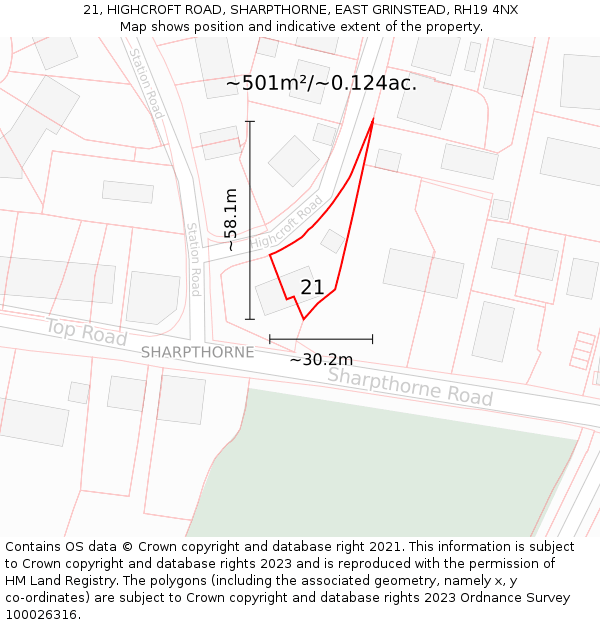 21, HIGHCROFT ROAD, SHARPTHORNE, EAST GRINSTEAD, RH19 4NX: Plot and title map