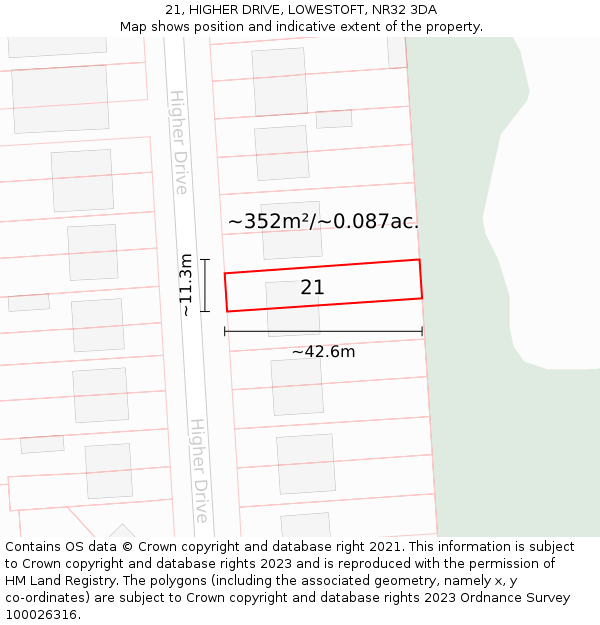 21, HIGHER DRIVE, LOWESTOFT, NR32 3DA: Plot and title map