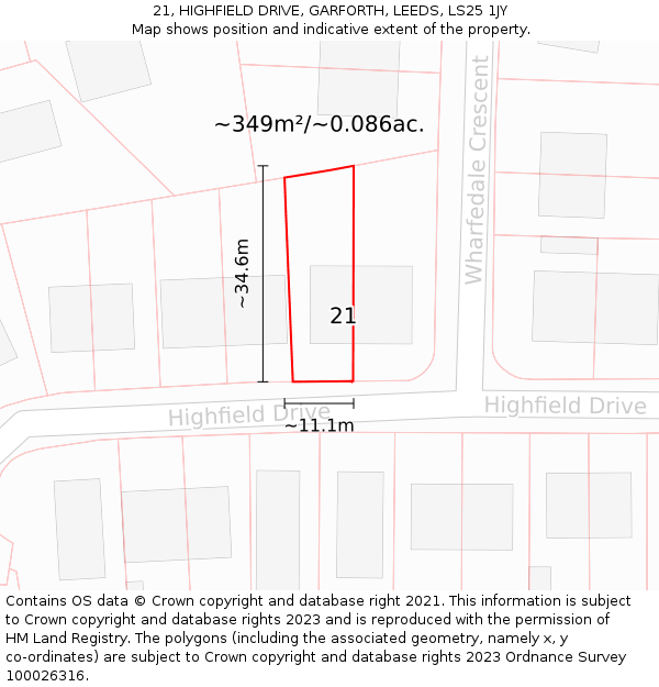 21, HIGHFIELD DRIVE, GARFORTH, LEEDS, LS25 1JY: Plot and title map