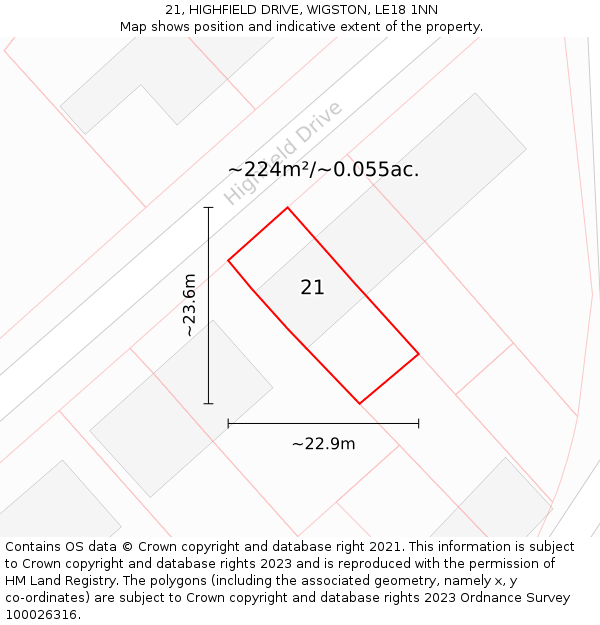 21, HIGHFIELD DRIVE, WIGSTON, LE18 1NN: Plot and title map