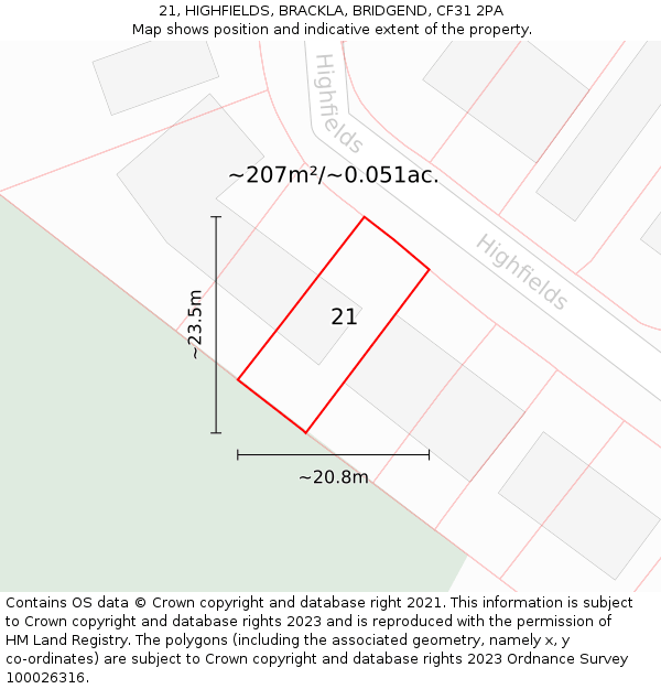 21, HIGHFIELDS, BRACKLA, BRIDGEND, CF31 2PA: Plot and title map