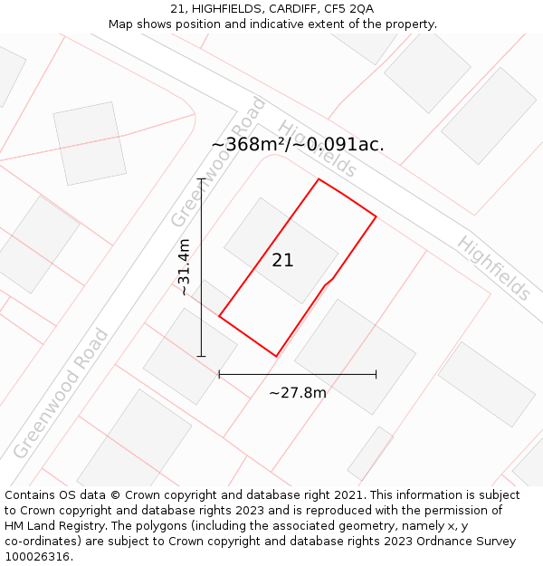 21, HIGHFIELDS, CARDIFF, CF5 2QA: Plot and title map