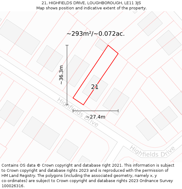 21, HIGHFIELDS DRIVE, LOUGHBOROUGH, LE11 3JS: Plot and title map
