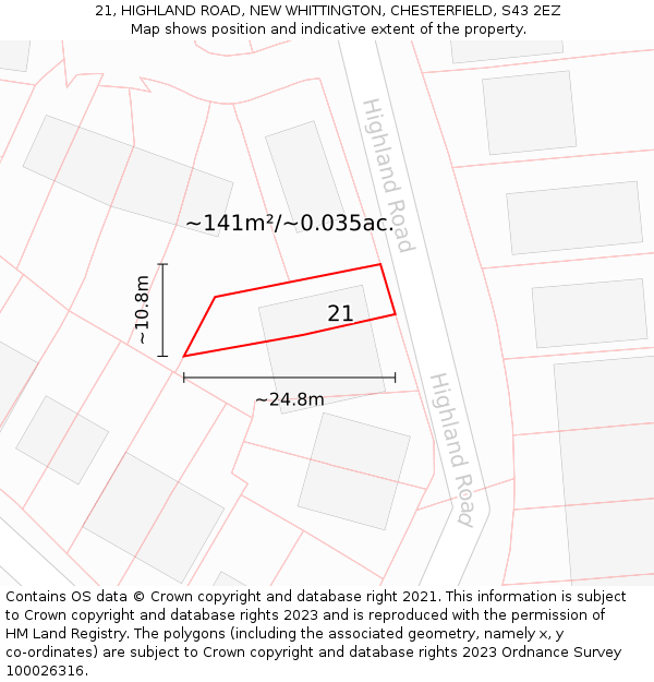 21, HIGHLAND ROAD, NEW WHITTINGTON, CHESTERFIELD, S43 2EZ: Plot and title map