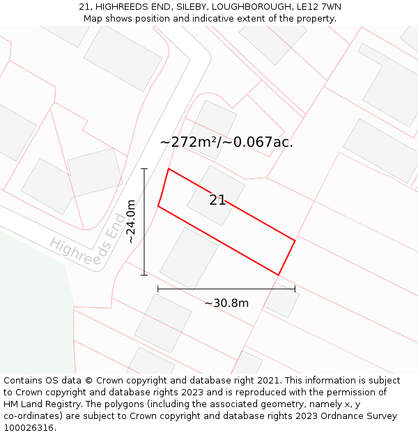 21, HIGHREEDS END, SILEBY, LOUGHBOROUGH, LE12 7WN: Plot and title map