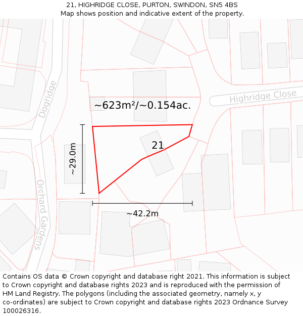 21, HIGHRIDGE CLOSE, PURTON, SWINDON, SN5 4BS: Plot and title map