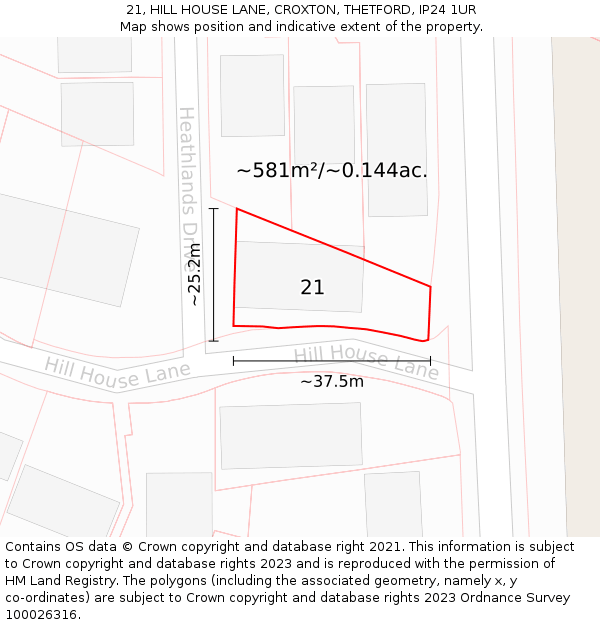 21, HILL HOUSE LANE, CROXTON, THETFORD, IP24 1UR: Plot and title map